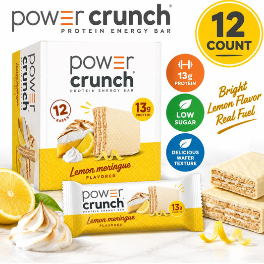 Power Crunch Protein Wafer Bars, Lemon Meringue Flavor, 1.4oz Individual Packs, 12 Count High-Protein Snack Bars