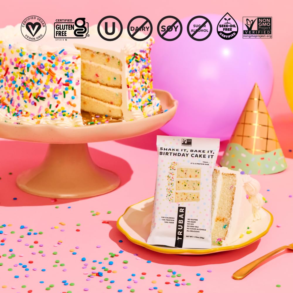 TRUBAR Protein Bar Birthday Cake 1.76 oz 12 Count Birthday Cake Flavored Protein Snack Bars