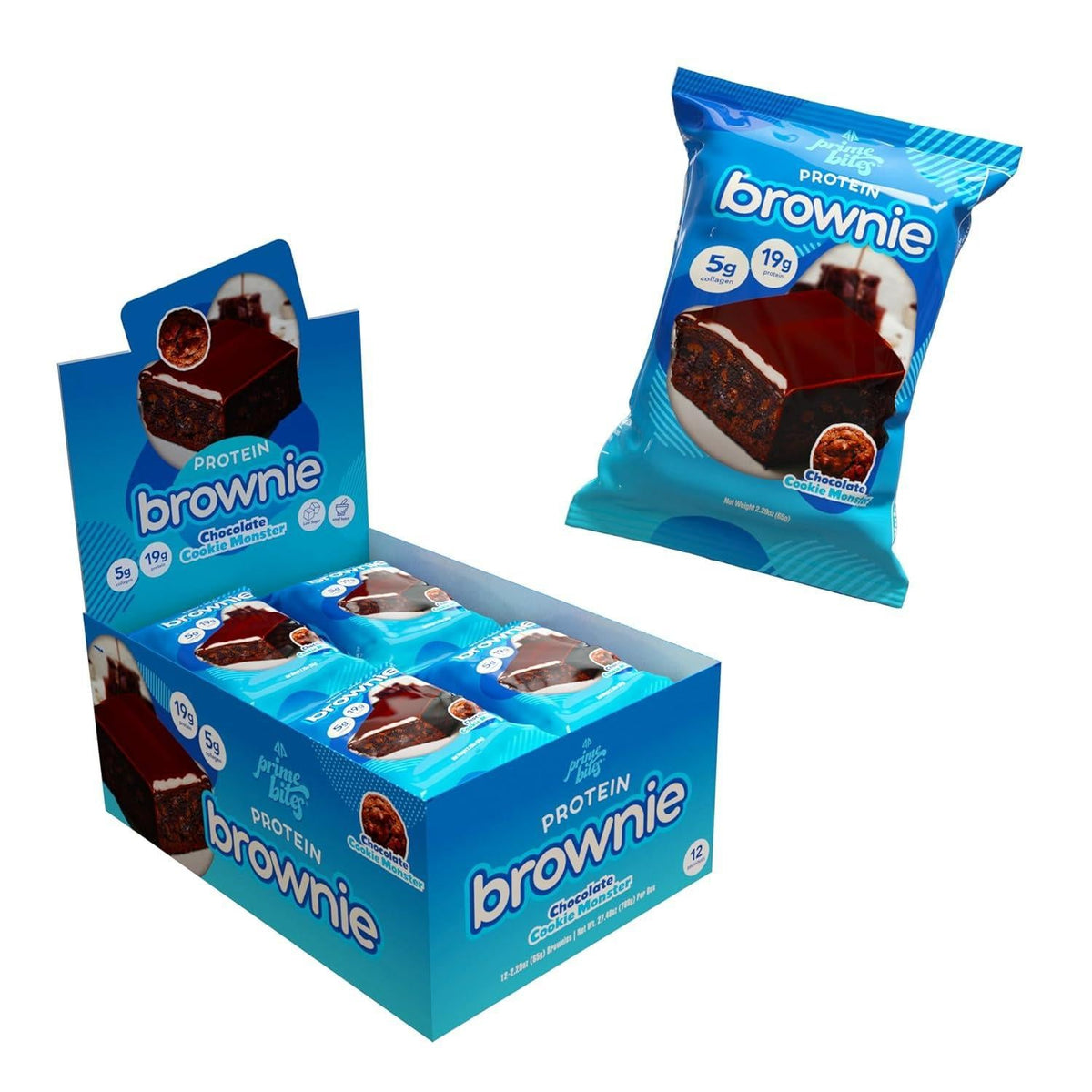 Prime Bites Chocolate Protein Cookie Monster Snacks, 2.29oz, 12-Count Protein Treats