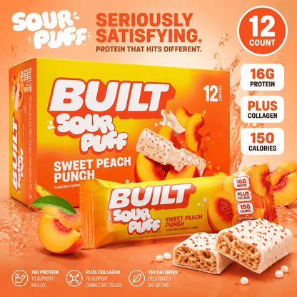 BUILT Sour Puff Protein Bars - Sweet Peach Punch Flavor, Fruity, Soft, Tangy, 1.41oz, 12-Count Boxed Snacks