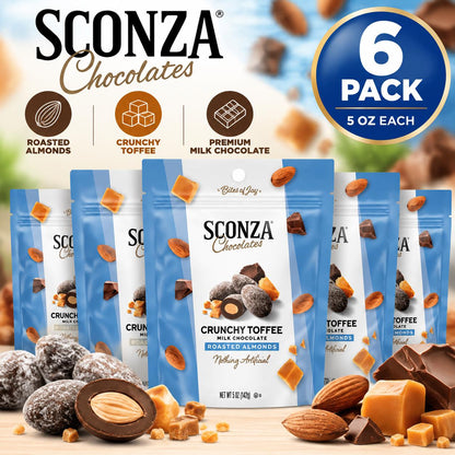 Sconza Crunchy Toffee Milk Chocolate Almonds 5 oz 6 Count Peg Bag Premium Chocolate Nut Snack