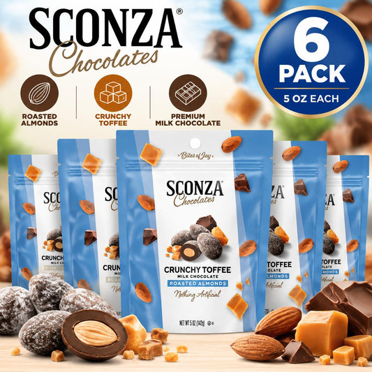 Sconza Crunchy Toffee Milk Chocolate Almonds 5 oz 6 Count Peg Bag Premium Chocolate Nut Snack