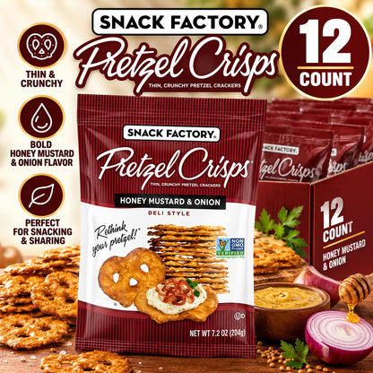 Snack Factory Pretzel Crisps Honey Mustard Onion 7.2 oz 12 Count Crunchy Pretzel Snack