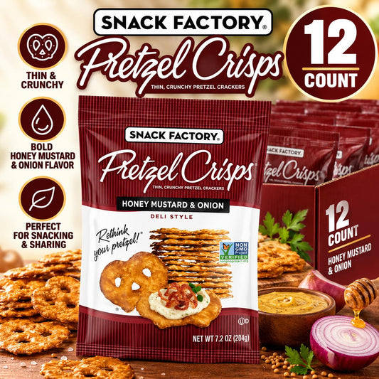 Snack Factory Pretzel Crisps Honey Mustard Onion 7.2 oz 12 Count Crunchy Pretzel Snack