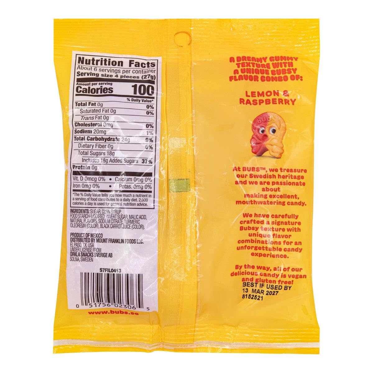BUBS Sour Skalle Skull Lemon Raspberry Swedish Gummies - 5.5oz, 8 Bags, Soft Chewy Sugar Candies, Sweet & Sour Snack