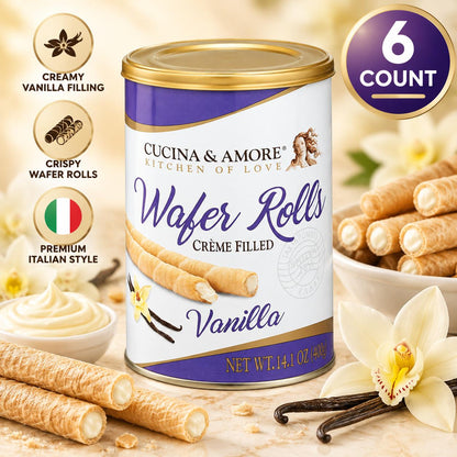Cucina & Amore Vanilla Creme-Filled Wafer Roll Tins, 6 Count 14.1oz, Crispy Biscuit Snacks for Adults, Ambient Temp Storage