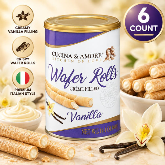 Cucina & Amore Vanilla Creme-Filled Wafer Roll Tins, 6 Count 14.1oz, Crispy Biscuit Snacks for Adults, Ambient Temp Storage