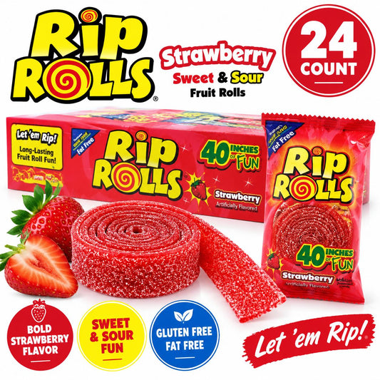 Rip Rolls Sweet and Sour Strawberry Fruit Rolls Boxed Set, 1.4oz Chewy Candy, 24-Count Package