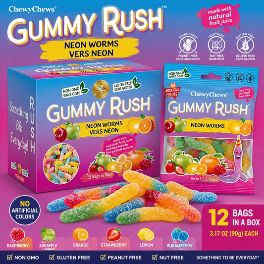 INFIN8 Gummy Rush Assorted Neon Worms Sugar-Base Candies, 3.17oz Tray Pack, 12-Piece Soft Sweet Fruity Chewy Snack Treats