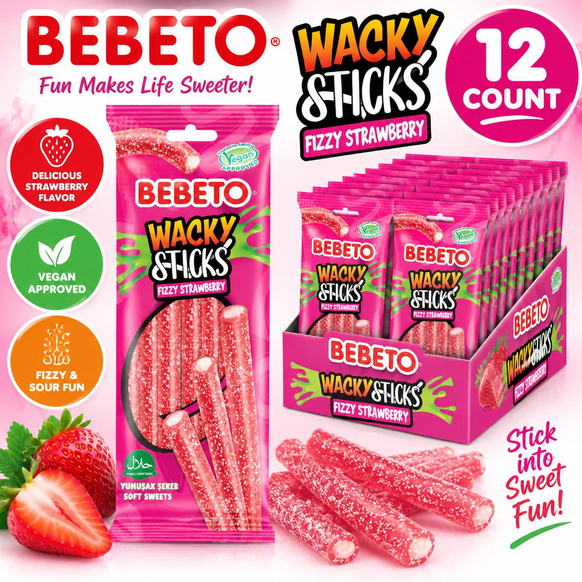 Bebeto Import Wacky Sticks Fizzy Sour Candy, 2.65 oz, 12 Pieces Tray Pack