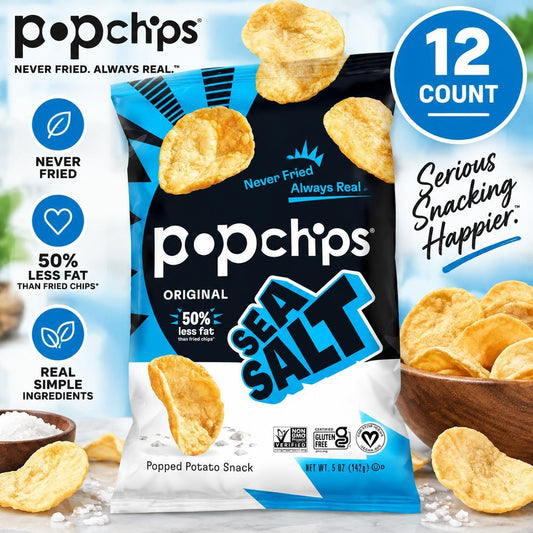 Popchips Popped Potato Chips, Sea Salt Flavor, 5 oz, 12-Count Snack Bags, Light & Crispy Puffed Snack