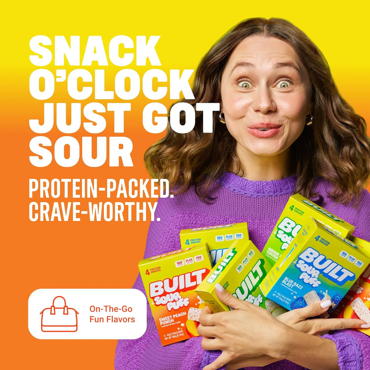 BUILT Sour Puff Protein Bars - Sweet Peach Punch Flavor, Fruity, Soft, Tangy, 1.41oz, 12-Count Boxed Snacks