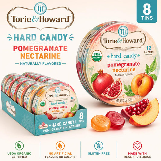 Torie and Howard Organic Fruit Hard Candy Tins - Pomegranate Nectarine Flavor, 2 oz Each, 8 Tins, Delicious Snack