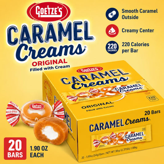 Goetze Caramel Creams Original Soft Caramel Candy with Cream Center, 1.9 oz, 20-Count Tray Pack
