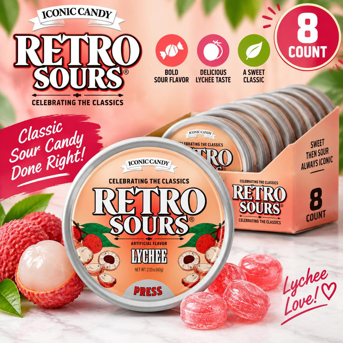 Retro Lychee Sours Hard Candies, 2.12oz Tray Pack, 8-Count Sweet Sour Fruit Candy