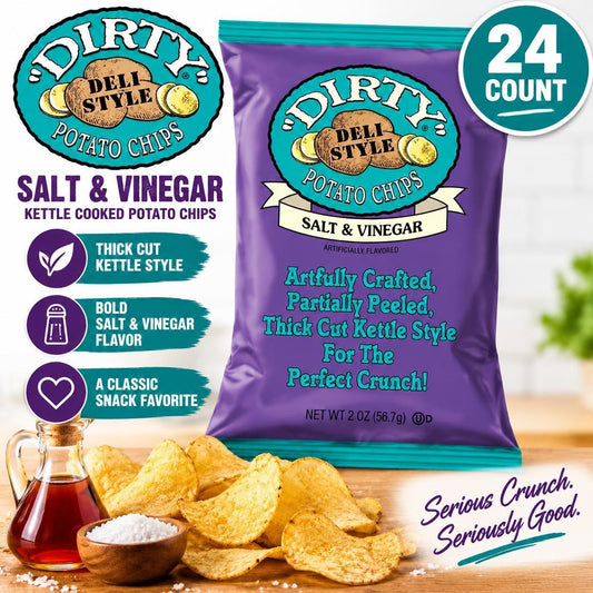 Dirty Kettle Fried Potato Chips, Salt and Vinegar Flavor, 2 oz Snack Food Bags, 24 Count, Crunchy Ambient Temp Snacks