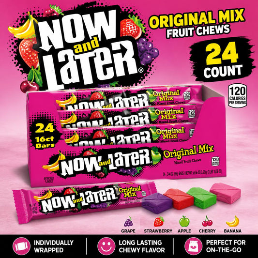 Now & Later Original Mixed Fruits Chewy Candies, 2.44oz Tray Box, 24 Individually Wrapped Classic Sweet Snack Bars, Candy in Bulk