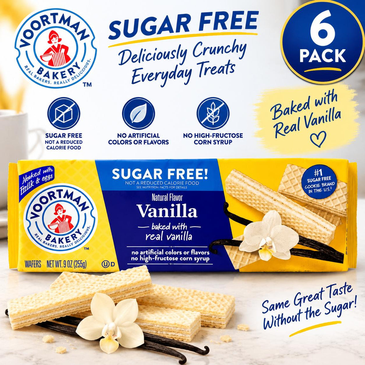 Voortman Sugar-Free Vanilla Wafer Cookies, 9 oz, 6-Pack Snack Boxes, Classic Vanilla Creme Wafers