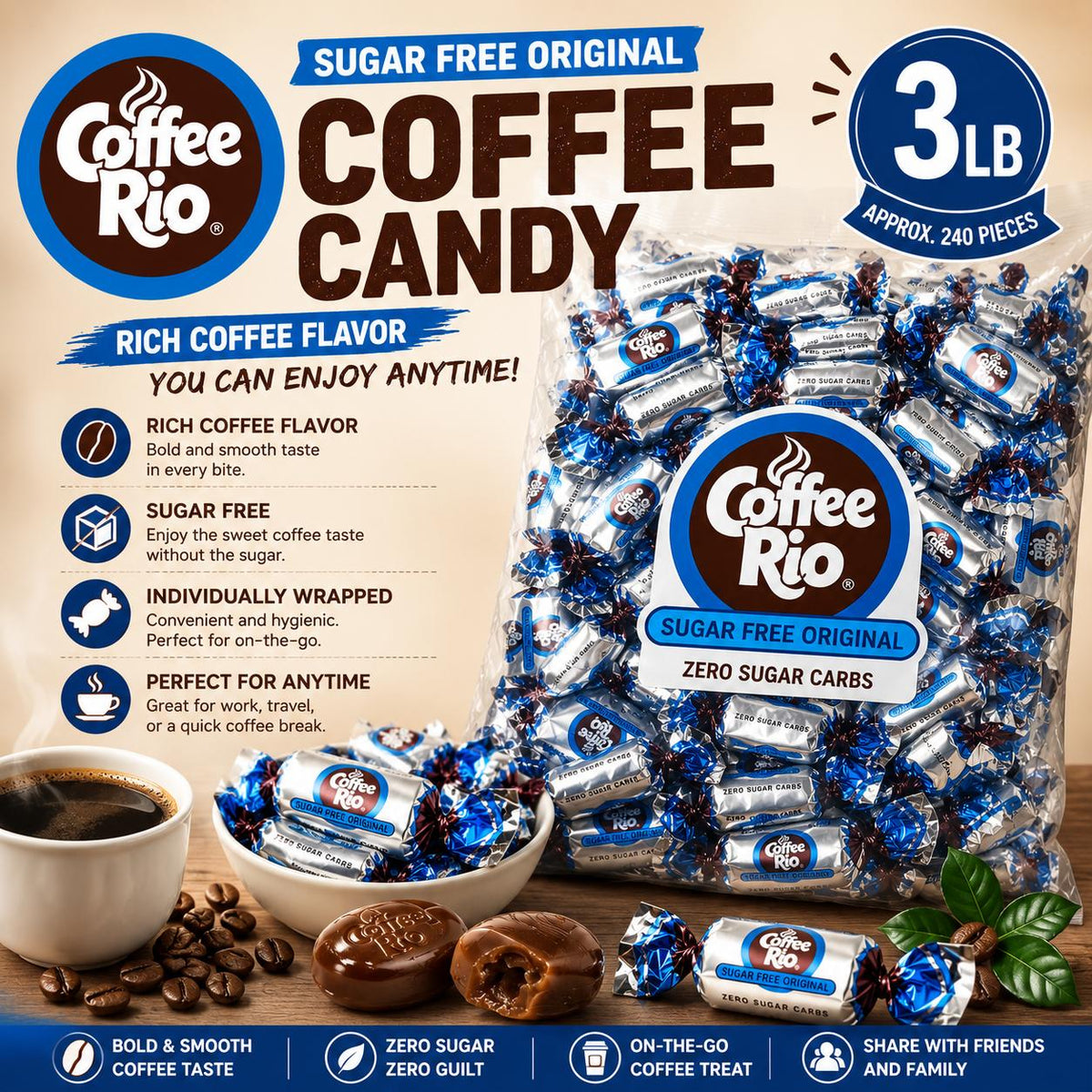 Coffee Rio Sugar-Free Hard Candy, 3 lb Bulk Pack - Rich Flavored, Individually Wrapped Treats