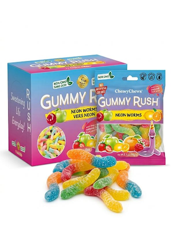 INFIN8 Gummy Rush Assorted Neon Worms Sugar-Base Candies, 3.17oz Tray Pack, 12-Piece Soft Sweet Fruity Chewy Snack Treats