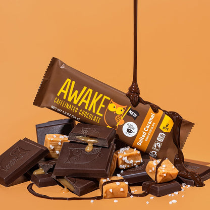 Awake Caffeinated Dark Chocolate Bar Sea Salt Caramel 1.2 oz 20 Count Chocolate Snack Bars