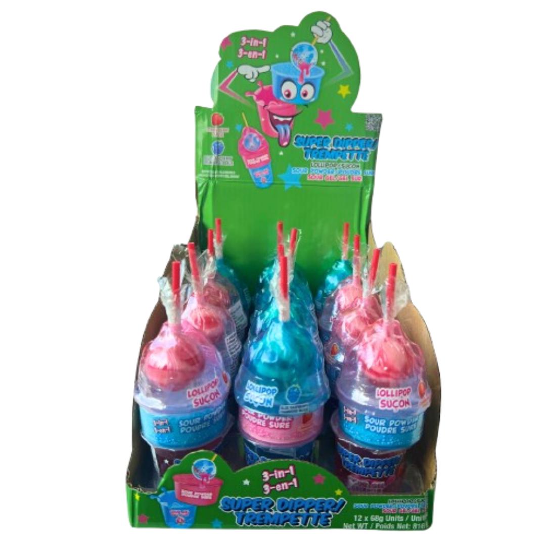Super Dipper Lollipop Combo with Sour Candy Powder, Gel - 2.4oz, 12 Pieces, Box Packed Candies for Parties, Sweet Snacks for Adults