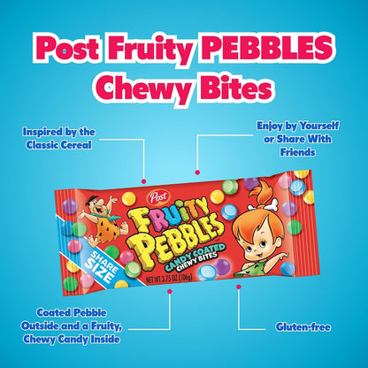 Fruity Pebbles Chew Bites Sugar-Based Candy Snacks, 3.75oz Tray Pack, 12-Count Fruity Cereal-Inspired Treats for Parties & Share-Size Snacking