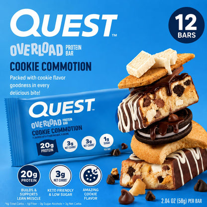 Quest Protein Overload Bar - Cookie Commotion, 2.04 oz, 12 Bars, Protein-Rich Chocolate Snack for On-the-Go Munching