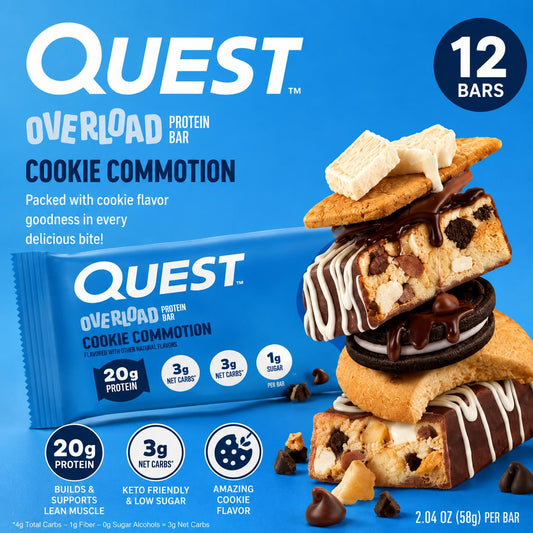 Quest Protein Overload Bar - Cookie Commotion, 2.04 oz, 12 Bars, Protein-Rich Chocolate Snack for On-the-Go Munching