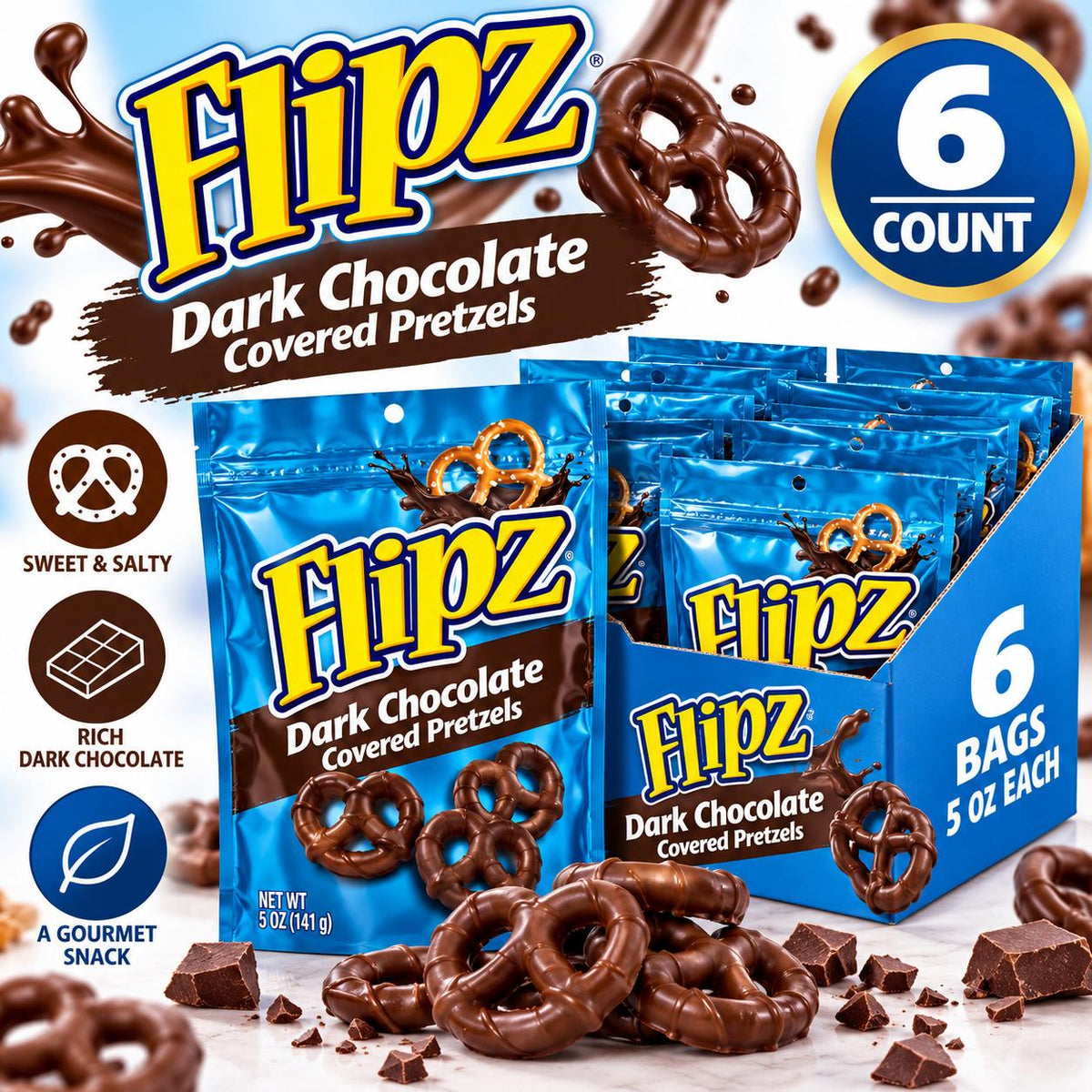 Flipz Dark Chocolate Covered Pretzels 5 oz 6 Count Sweet and Salty Chocolate Snack