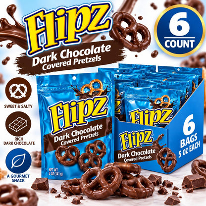 Flipz Dark Chocolate Covered Pretzels 5 oz 6 Count Sweet and Salty Chocolate Snack