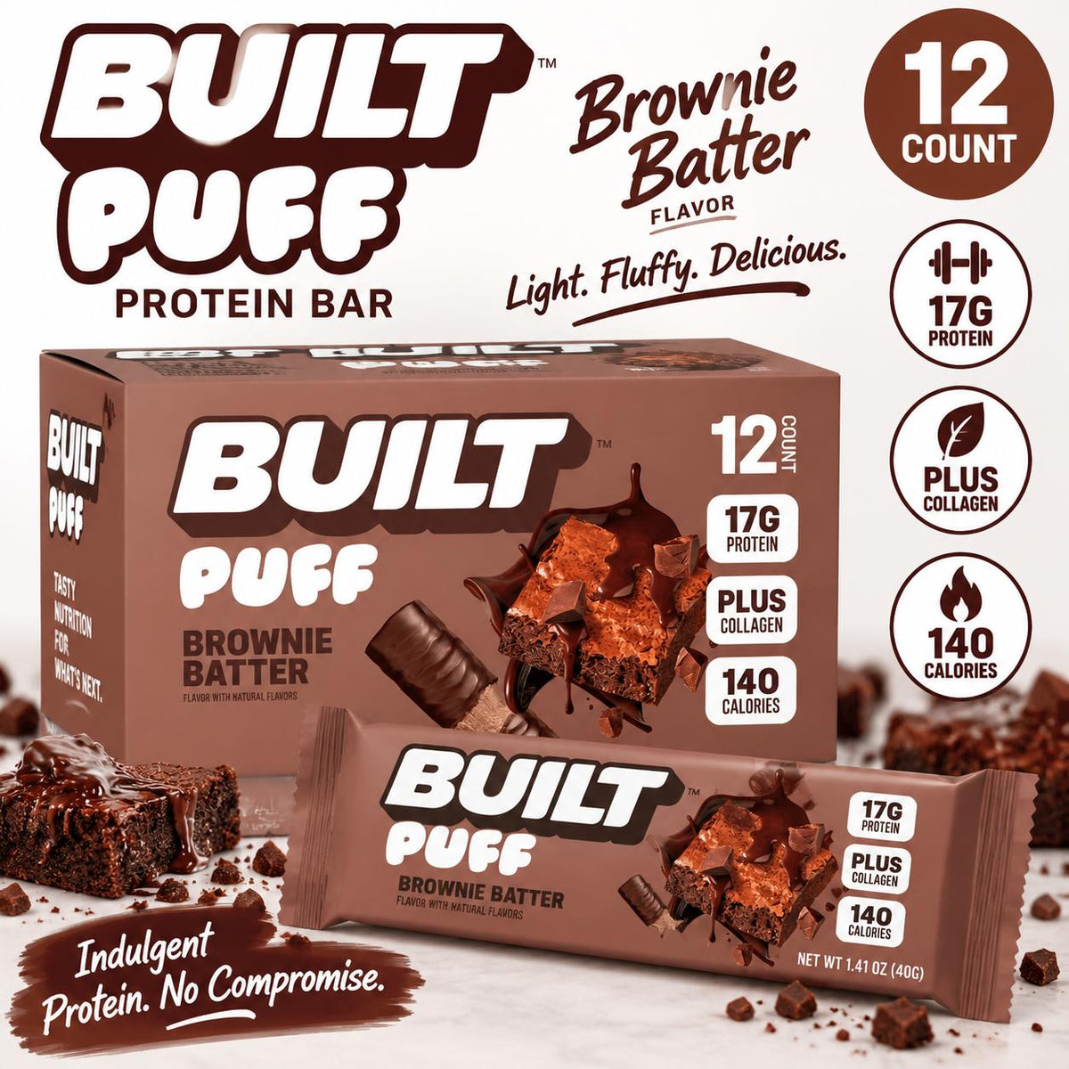 BUILT Puff Protein Bar Brownie Batter 1.41 oz 12 Count Chocolate Protein Snack Bars