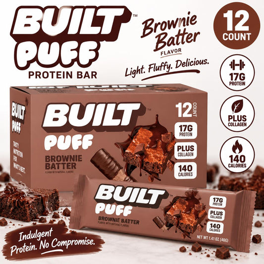 BUILT Puff Protein Bar Brownie Batter 1.41 oz 12 Count Chocolate Protein Snack Bars