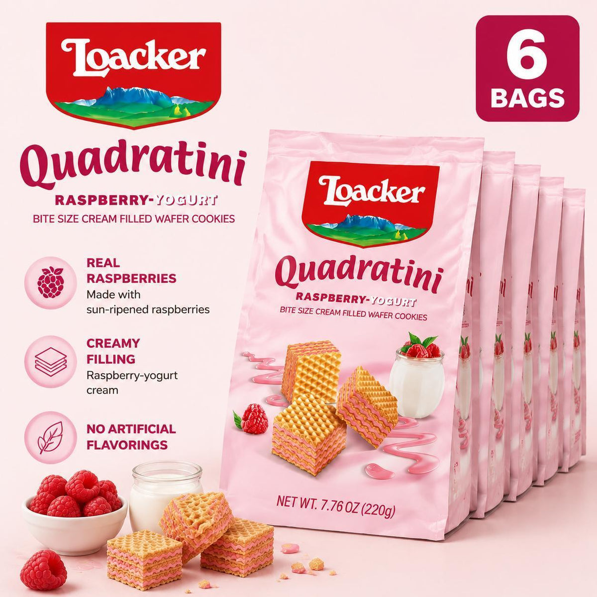 Loacker Quadratini Raspberry-Filled Wafer Cookies, 7.76 oz (6 Bags), Sweet Bite-Size Italian Ambient Temp Snack Biscuits with Candy-Like Flavor