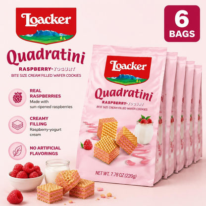 Loacker Quadratini Raspberry-Filled Wafer Cookies, 7.76 oz (6 Bags), Sweet Bite-Size Italian Ambient Temp Snack Biscuits with Candy-Like Flavor