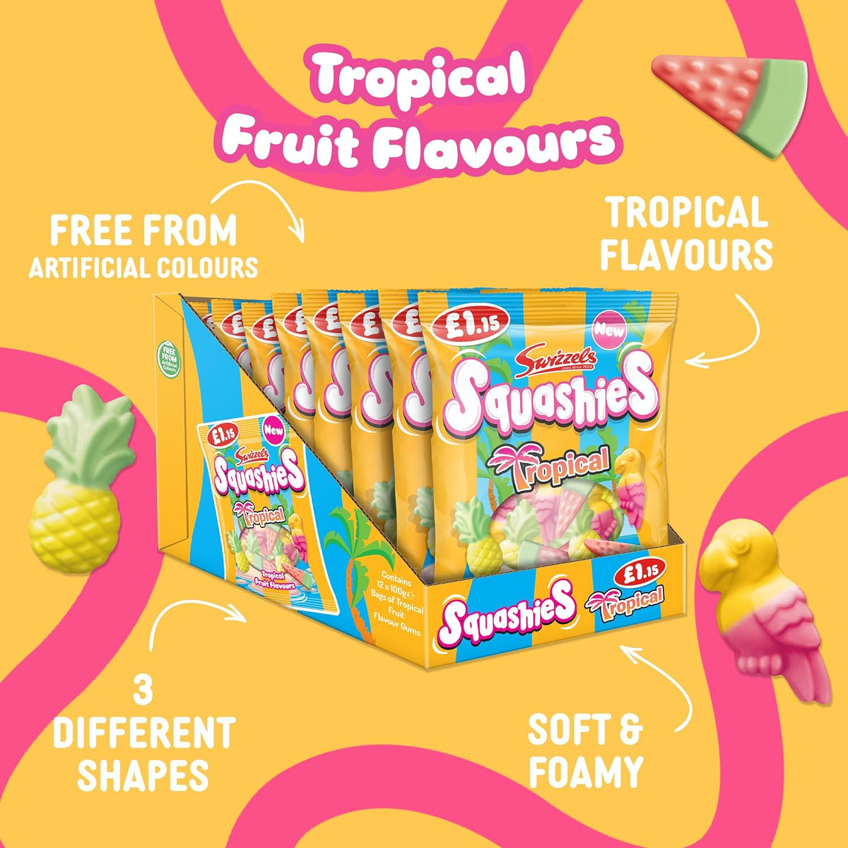 Swizzels Drumstick Squashies Tropical Fruit 100g 12 Count | Soft Chewy Gummy Candy | UK Import Fruit Flavored Sweets