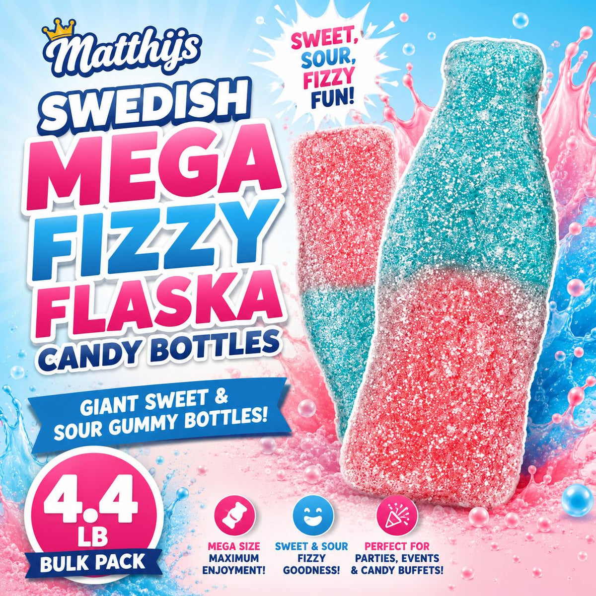 Matthijs Swedish Mega Fizzy Flaska Gummy Candy, 4.4 lbs Sweet & Sour Pink & Blue Bottle Gummies, Bulk Snacks for Parties, Sugar-Filled Treats