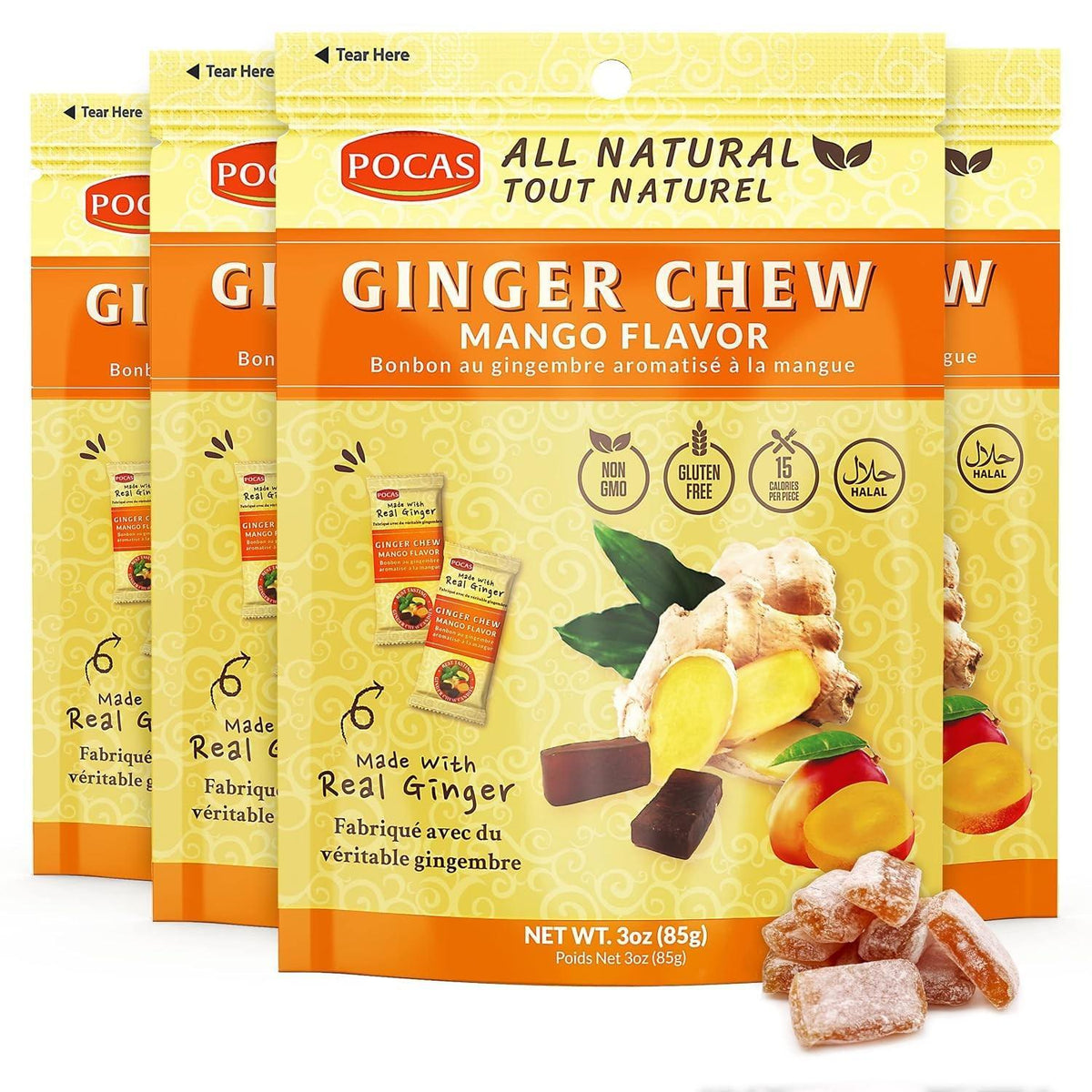 Pocas Mango Flavor Chewy Soft Sweet Ginger Candies, 3 oz, 24-Count Snack Boxes, Fruity Ginger Chew Treats
