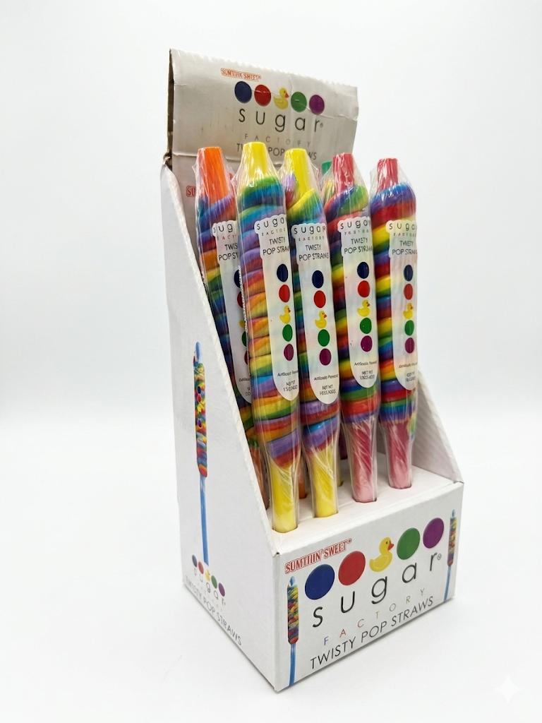Sugar Factory Twist Lollipop Straws - 10 in Tall, 12-Count Colorful Hard Candy Snacks, Sweet Treats for Birthday Events