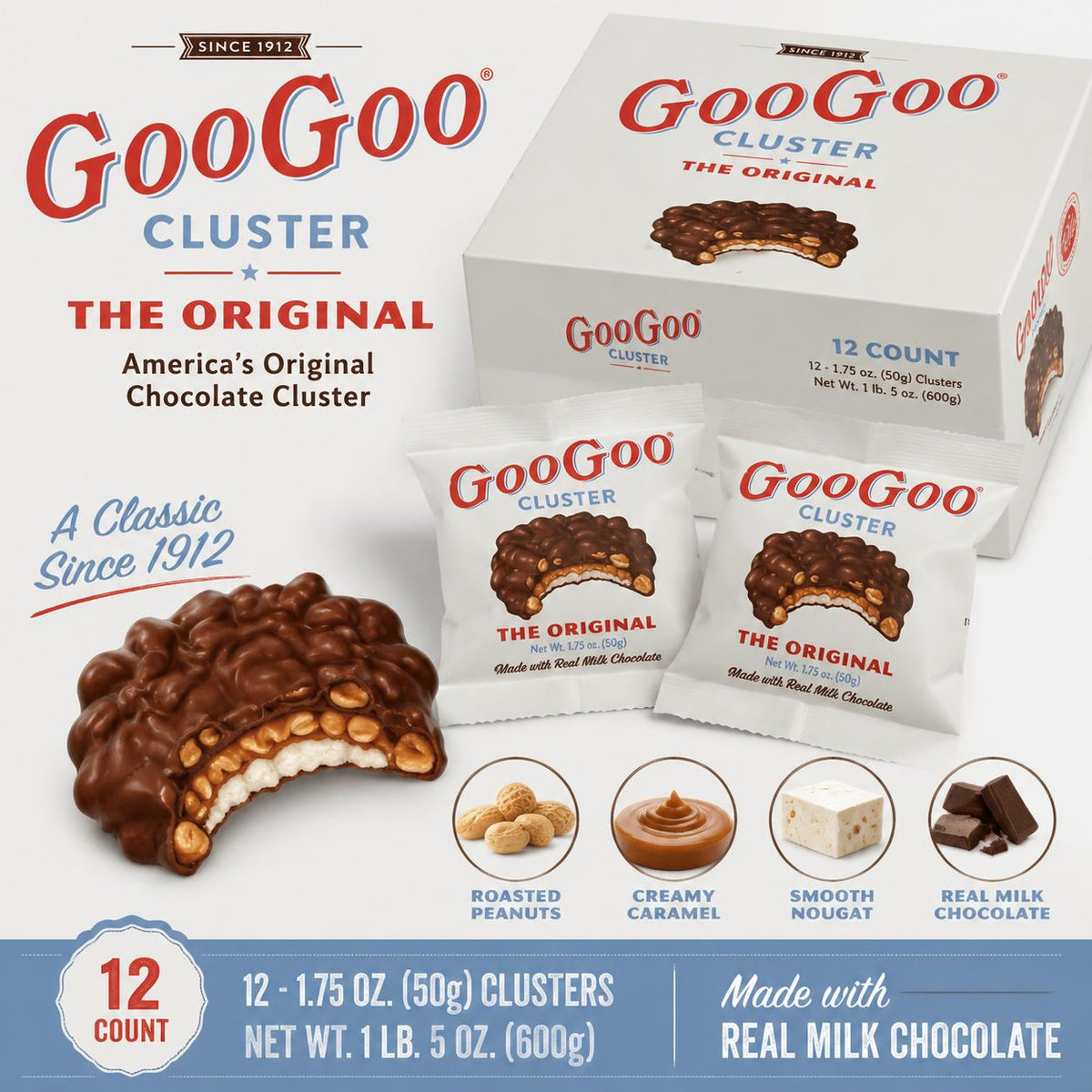 Goo Goo Cluster Original Nougat Chocolate Cluster Candy Bar, 1.75 oz, 12 Pieces, with Peanuts & Caramel