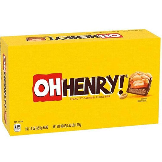 Oh Henry Peanut Caramel Fudge Bar Chocolate Snack Candies, 1.5oz Each, 24-Count Pack (Rich Flavor)