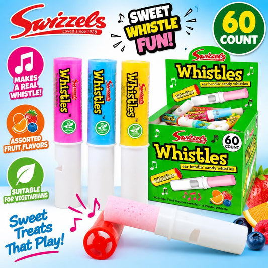 Swizzels UK Import Whistles Candy Sticks Lollipop Boxed Set, 60-Count Novelty Candy