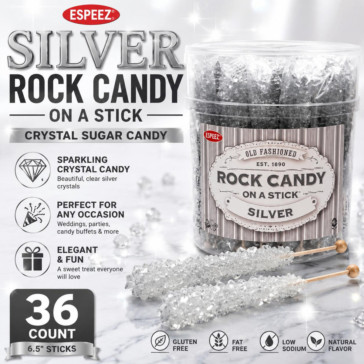 Espeez Silver Rock Candy on a Stick - 6.5 in Pure Sugar Crystal Snack Candies, 36-Count Bulk Sticks for Birthday Party Favors, Wedding Treats
