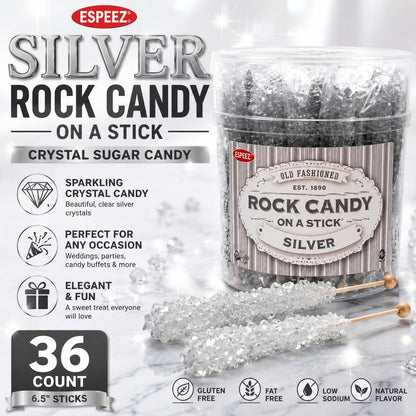 Espeez Silver Rock Candy on a Stick - 6.5 in Pure Sugar Crystal Snack Candies, 36-Count Bulk Sticks for Birthday Party Favors, Wedding Treats