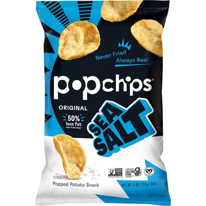 Popchips Popped Potato Chips, Sea Salt Flavor, 5 oz, 12-Count Snack Bags, Light & Crispy Puffed Snack