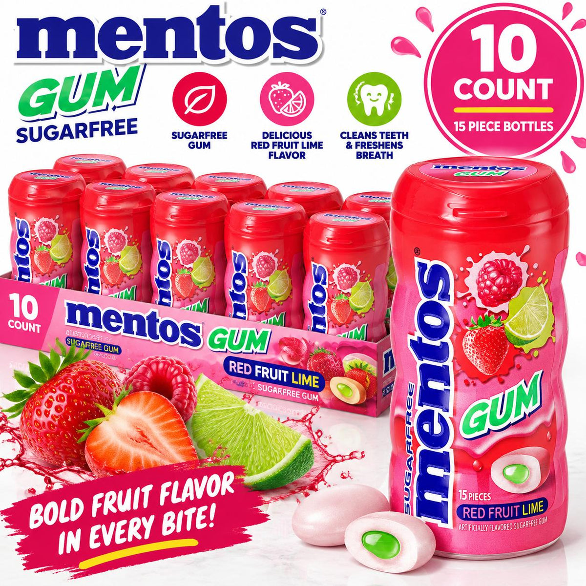 Mentos Gum Red Fruit Lime 10 Count Bottles 15 Pieces Each Fruity Chewing Gum Tray