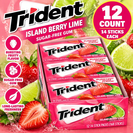 Trident Sugar Free Island Berry Lime Gum 12 Count Tray 14 Sticks Each Fruity Chewing Gum