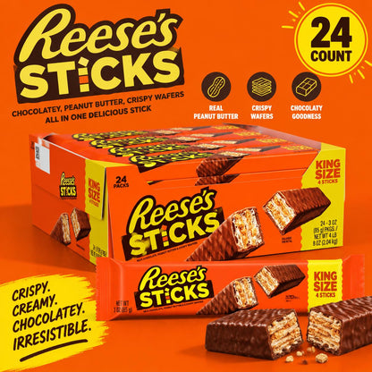 REESES Sticks Chocolate Peanut Butter Wafer Bars, King Size, 24-Count Chocolate Flavored Wafer Snacks