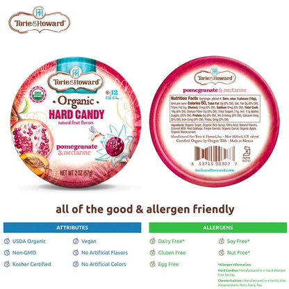 Torie and Howard Organic Fruit Hard Candy Tins - Pomegranate Nectarine Flavor, 2 oz Each, 8 Tins, Delicious Snack