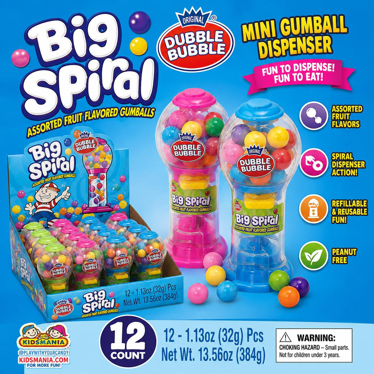 Kidsmania Dubble Bubble Big Spiral Mini Gumball Dispenser - 1.13oz, 12-Count Novelty Bubble Gum Snacks, Sweet Candies, Mini Dispenser